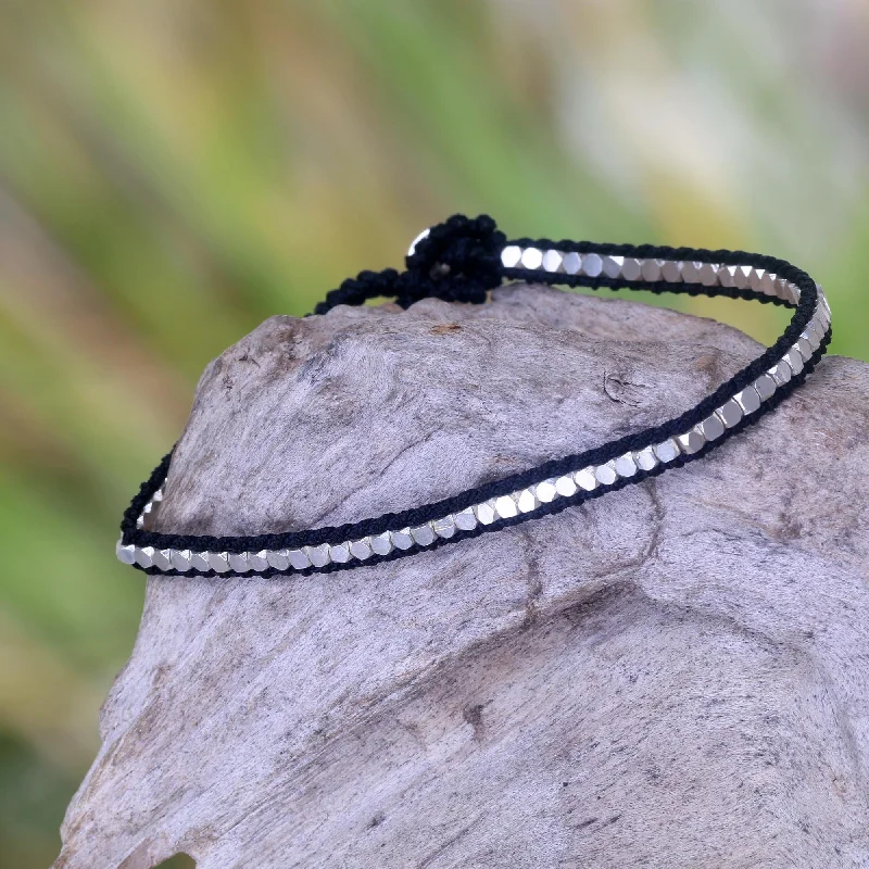 Classic pearl strand bracelets for ladies -Black Moonlight Path Hand Knotted Black Bracelet with Sterling Silver Beads