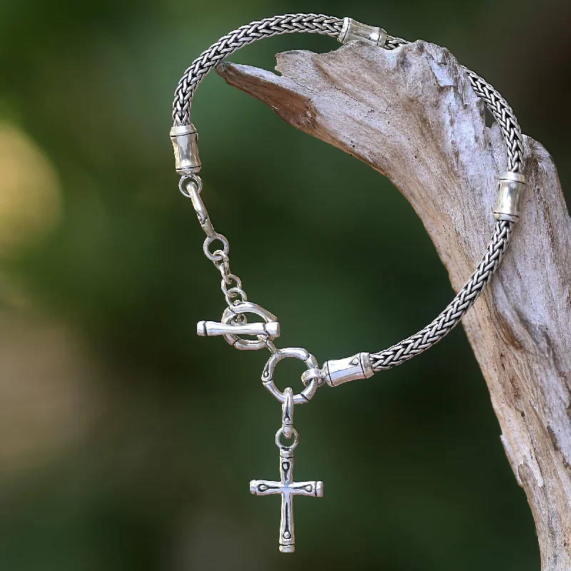 Elegant silver beaded bracelets for women -Bamboo Spiritual Hand Crafted Sterling Silver Cross Charm Bracelet from Bali